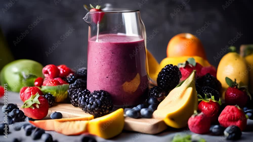  Freshly blended fruit smoothie with a vibrant array of colorful fruits