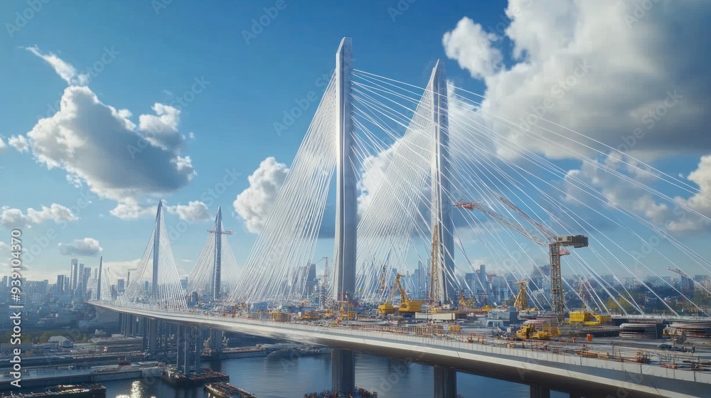Fototapeta premium Construction of a Large Cable-Stayed Bridge Over a City