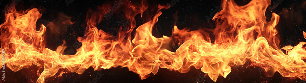 Fiery flames on black background creating a dramatic panoramic view Fiery flames on black background creating a dramatic panoramic view