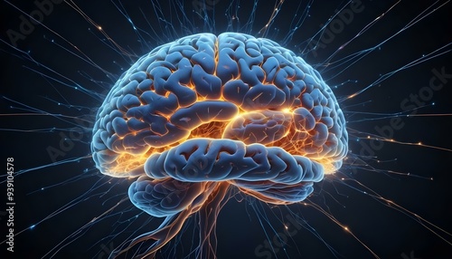 A image of a 3d rendered illustration of a electronic metal human brain with neon growing lightning