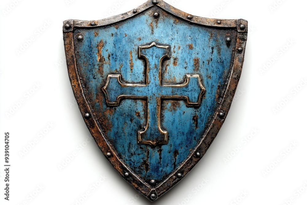 Blue medieval shield with cross showing protection and security Blue medieval shield with cross showing protection and security