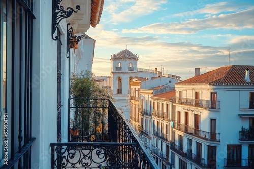 Wrought iron balcony overlooking quaint european city at sunset