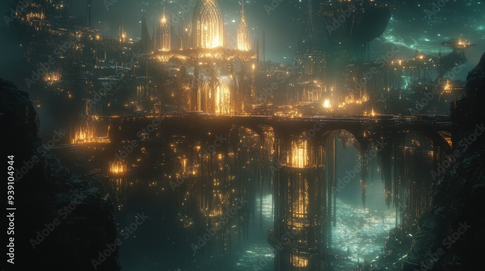 Naklejka premium Golden City Floating Above a Deep Abyss