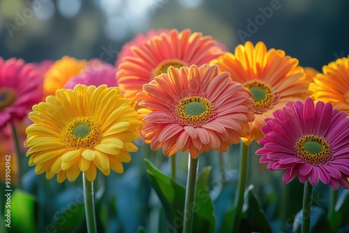 Colorful gerbera daisies blooming in summer garden at sunset