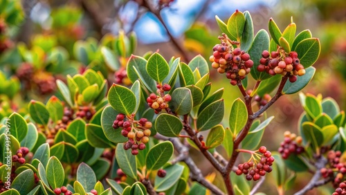 Dense clusters of small, rounded leaves adorn the twisted, reddish-brown branches of a mature manzanita plant, set against a soft, blurred outdoor background.