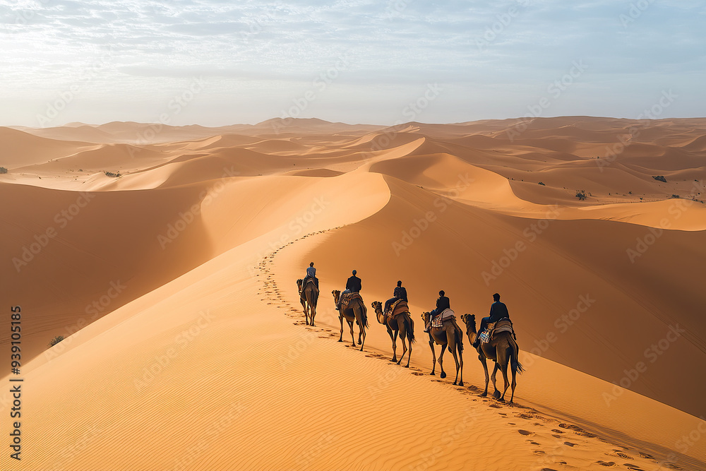 Fototapeta premium Group of people riding camels across the vast Sahara desert dunes