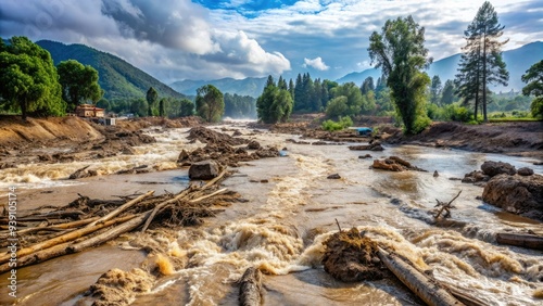 Destructive mudflow sweeps through a ravaged landscape, carrying debris and uprooted trees in its powerful, churning wake, leaving a trail of devastation behind. photo