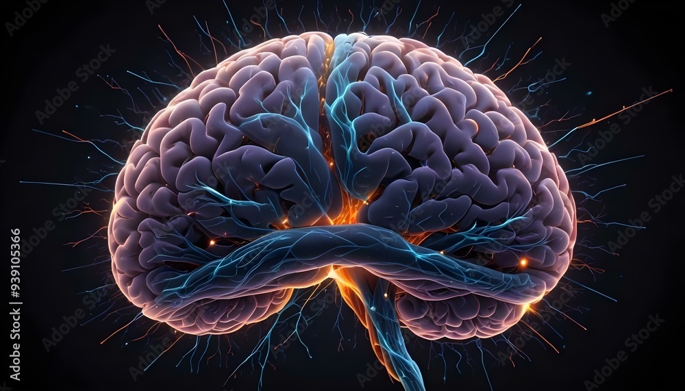 A image of a 3d rendered illustration of a electronic metal human brain with neon growing lightning A image of a 3d rendered illustration of a electronic metal human brain with neon growing lightning