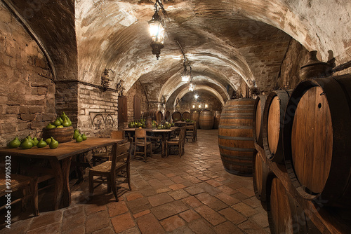 Atmospheric medieval wine cellar with wooden barrels and stone arches