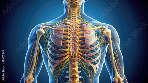 Detailed illustration of the human spine, showcasing intricate networks of ligaments, tendons, and discs, highlighting the complex anatomy of the vertebral column. photo