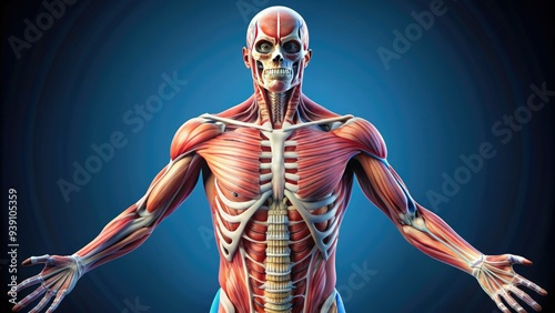 Detailed illustration of the human skeletal and muscular systems, showcasing intricate bones, tendons, and muscles in a 3D anatomical representation. photo