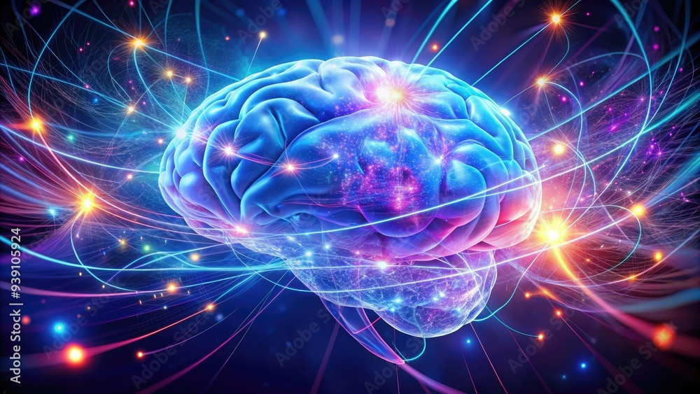 Digital illustration of a human brain with swirling neon blue and purple lights, representing the mysterious and complex connections of quantum thought and cognition. Digital illustration of a human brain with swirling neon blue and purple lights, representing the mysterious and complex connections of quantum thought and cognition.