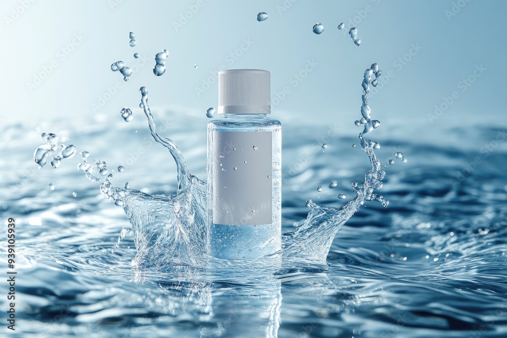 Transparent cosmetic bottle splashing in clean water Transparent cosmetic bottle splashing in clean water