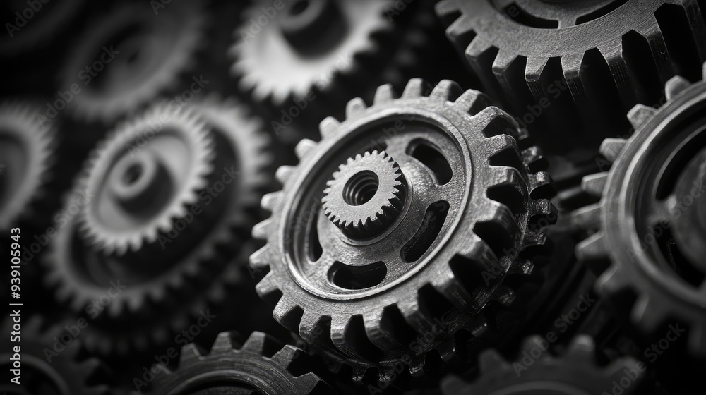 Retro black and white background of industrial cogs or gears with movement Retro black and white background of industrial cogs or gears with movement