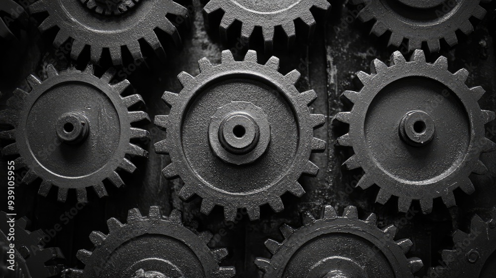 Retro black and white background of industrial cogs or gears with movement Retro black and white background of industrial cogs or gears with movement