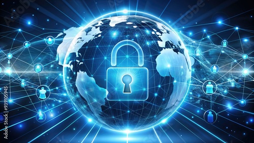 Digital lock and globe icons overlap, symbolizing secure online connections and anonymous browsing through virtual private networks on modern devices and computers. photo