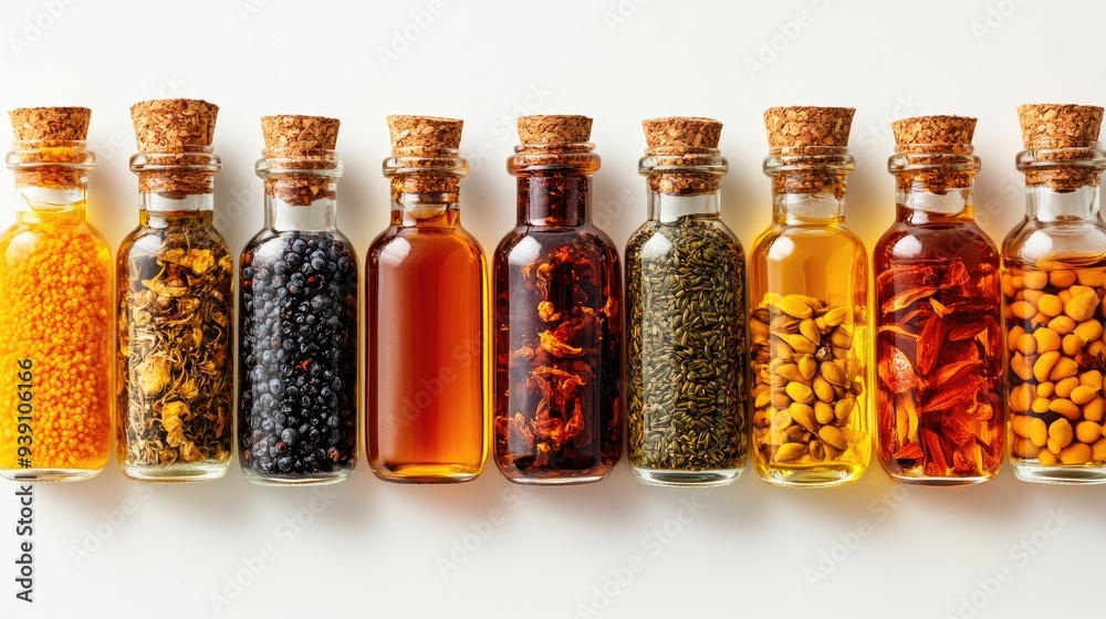 Row of glass bottles filled with spices and herbs on white background Row of glass bottles filled with spices and herbs on white background