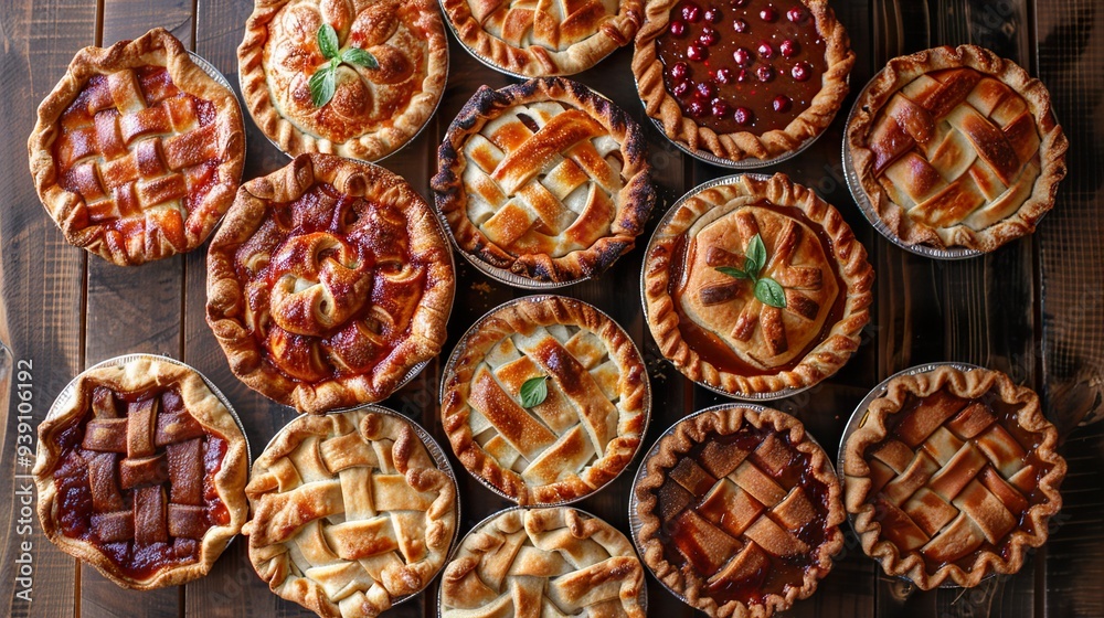 Assortment of Delicious Homemade Pies on Wooden Table