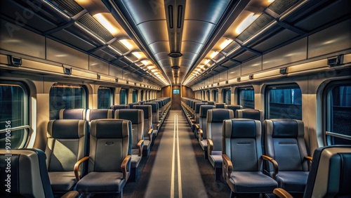 Dimly lit, vacant train interior with rows of seats, overhead compartments, and aisle stretching into the distance, exuding a sense of solitude and quietness. photo