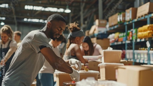 Multiracial group of volunteers packing groceries at community food bank, AI Generative