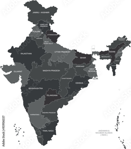 Monochrome map of india. Vector monochrome indian map with seperate regions and important cities names photo