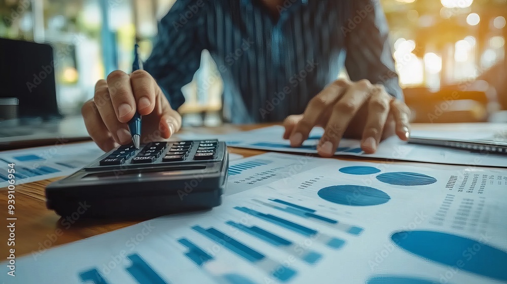 Businessman calculating numbers on company financial documents analyzing historical financial data to strategize company growth Businessman calculating numbers on company financial documents analyzing historical financial data to strategize company growth
