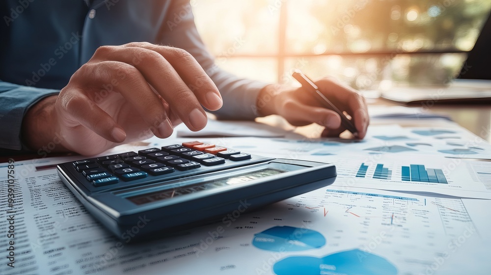 Businessman calculating numbers on company financial documents analyzing historical financial data to strategize company growth Businessman calculating numbers on company financial documents analyzing historical financial data to strategize company growth
