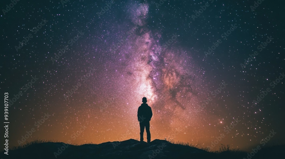 Solitary Figure Gazing at the Milky Way Under a Starry Night Sky Stock ...