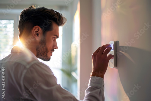 Man Adjusting Smart Thermostat in Sunlit Modern Home Interior