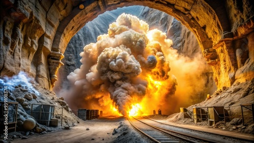 Dramatic detonation of explosives in an underground mine, illuminating the dark tunnel and sending shockwaves through the rocky walls and dusty air. photo