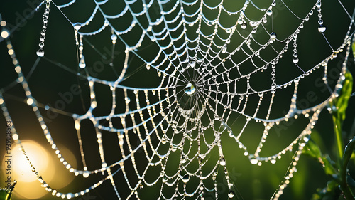 A close-up of dewdrops on a spider web glistening in the morning light