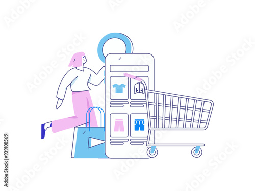 Holiday shopping people doing e-commerce online shopping flat vector concept operation hand drawn illustration
