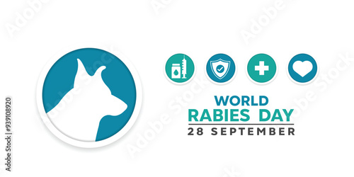 World Rabies Day. Pet, syringe, shield, plus icon and heart. Great for cards, banners, posters, social media and more. White background.