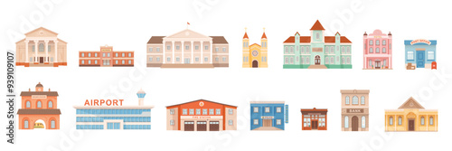 City building illustrations set. Exterior facades of university government school college hotel post office church theatre bank museum railway police library. Urban infrastructure infographics.