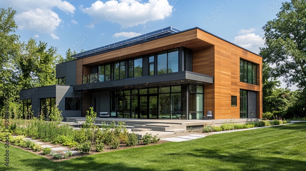 Smart home exterior featuring adaptive window shading and solar energy systems Smart home exterior featuring adaptive window shading and solar energy systems