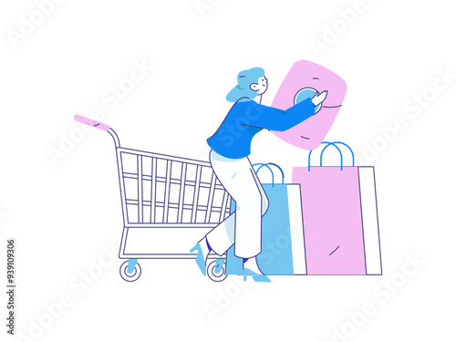 Holiday shopping people doing e-commerce online shopping flat vector concept operation hand drawn illustration
