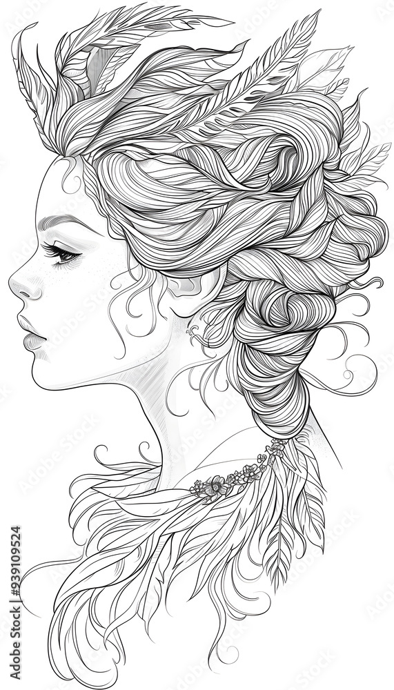 Womans Head with Feathers black and white illustration Womans Head with Feathers black and white illustration