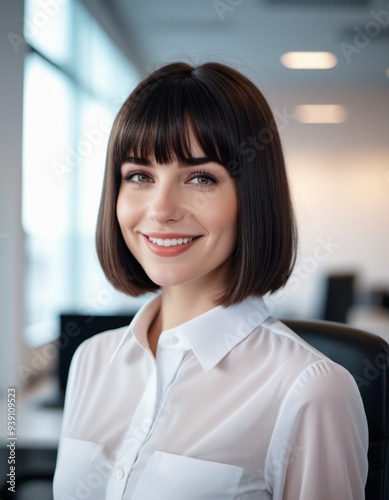 Free Download Brunette girl or young beautiful woman with brown eyes, wearing white shirt, in office setting. A bank employee with bob hairstyle listens to you. AI. The girl smiles sweetly, she has white teeth - GFXLoad