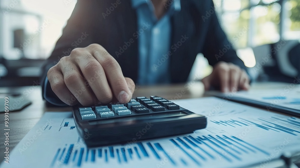 Businessman working at an office desk using a calculator to manage financial accounting tasks Businessman working at an office desk using a calculator to manage financial accounting tasks