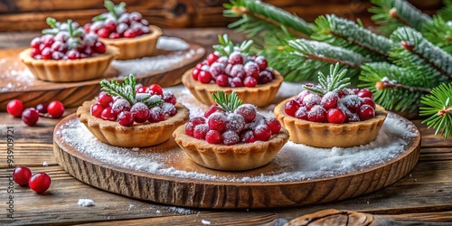 Frosted birch forest morning mist surrounds vibrant red lingonberry tartlets adorned with snowflakes and fresh spruce tips on wooden platter rustic wooden cabin backdrop. photo