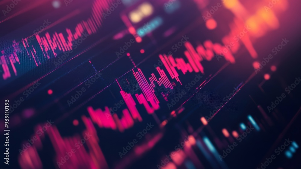 Detailed shot of a stock price graph with moving averages and volume indicators, on a financial website Detailed shot of a stock price graph with moving averages and volume indicators, on a financial website