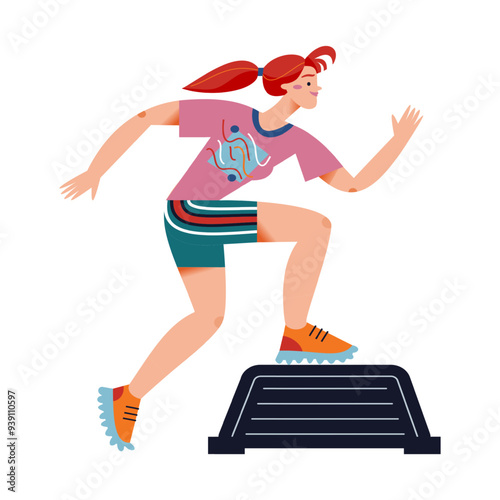 Workout exercises of woman in gym vector illustration. Sport training exercises of girl. Cartoon active strong female on workout on step platform. Healthy lifestyle concept.