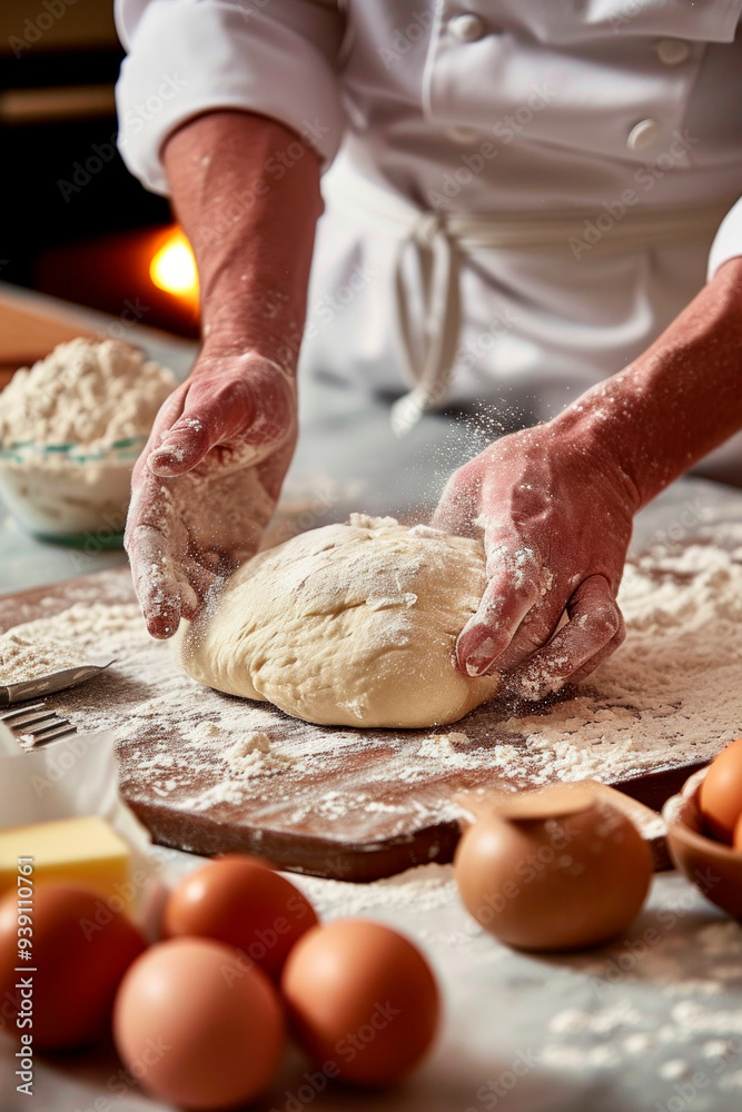 Fototapeta premium Image created with AI. Hands Kneading Dough on a Floured Surface
