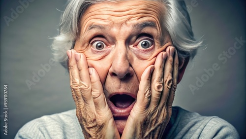 Elderly person with gray hair and wrinkles, mouth agape and eyes wide with surprise, holding hands to face in stunned disbelief and astonishment. photo