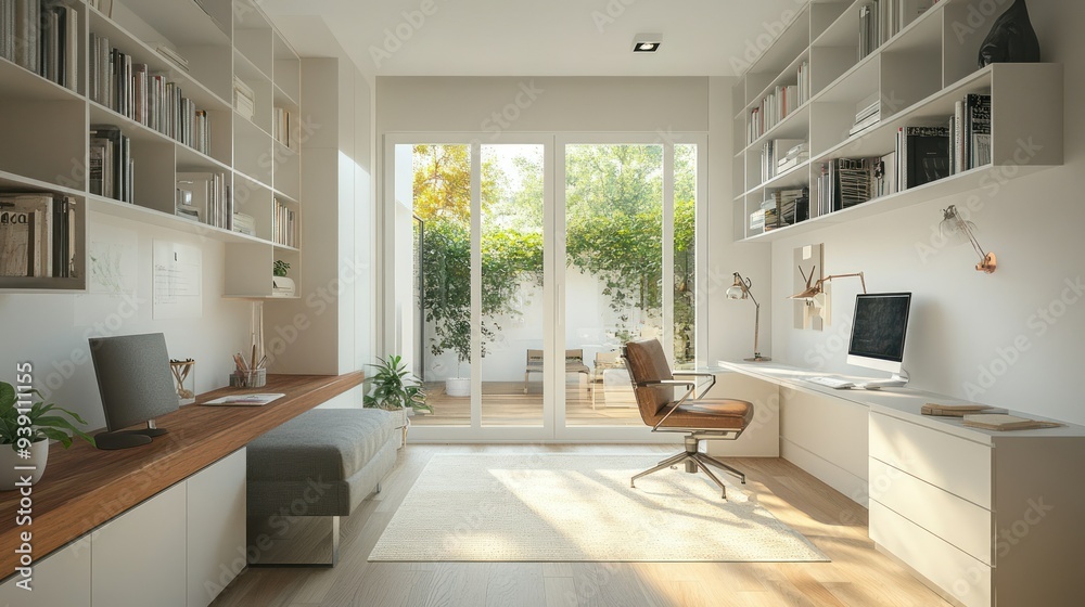Modern Home Office with White Built-in Shelving and Patio View Modern Home Office with White Built-in Shelving and Patio View