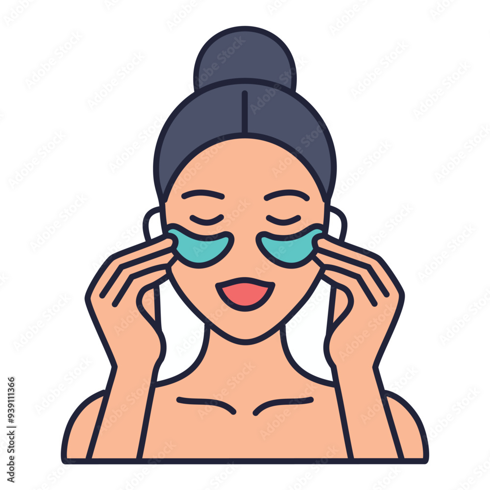 Woman applying eye mask for relaxation. A smiling woman gently applies soothing eye patches for a relaxing beauty routine. Woman applying eye mask for relaxation. A smiling woman gently applies soothing eye patches for a relaxing beauty routine.