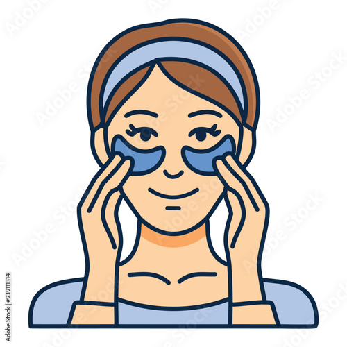 Woman applying eye patches for skin care. A young woman applies eye patches for skin care. She is smiling and looks happy about her beauty routine.