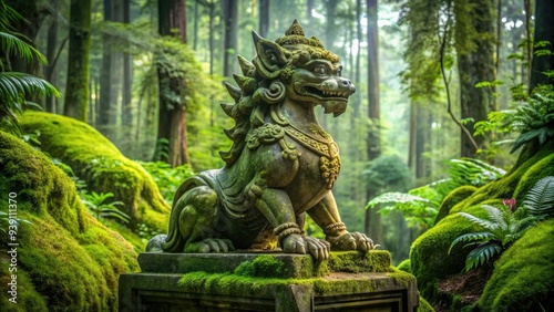 Elegant ancient stone statue of a mythical creature sitting majestically on a moss-covered pedestal surrounded by lush greenery in a serene forest atmosphere.