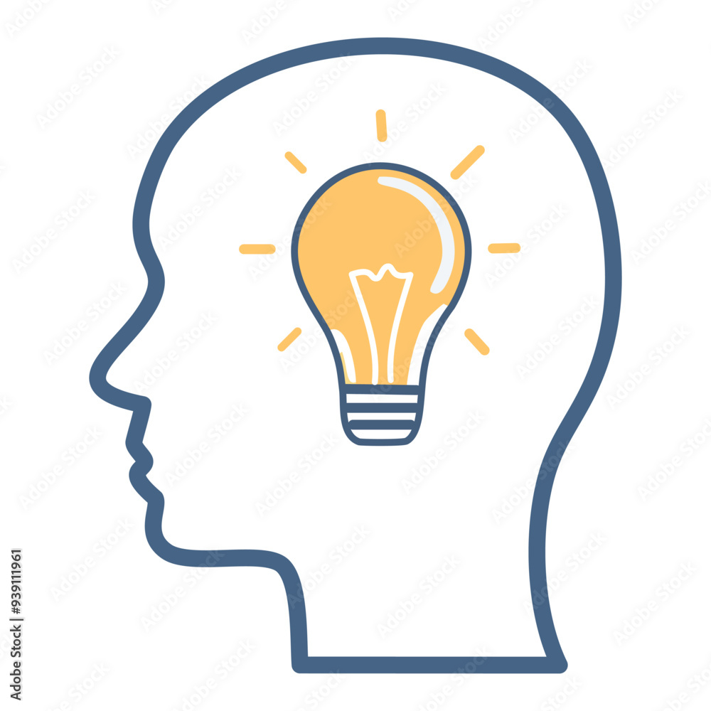 Head with light bulb idea icon. Simple illustration of a head with a light bulb, symbolizing inspiration and bright ideas. Head with light bulb idea icon. Simple illustration of a head with a light bulb, symbolizing inspiration and bright ideas.