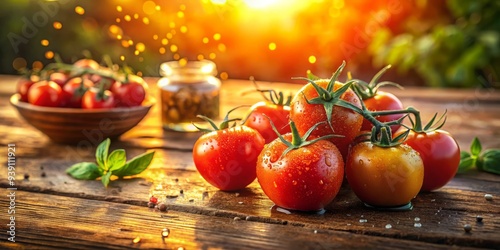 goldenmorning condiment splash vibrant colors dewy tomatoes rustic wooden tabletop morning light rays warm cozy nostalgic photo